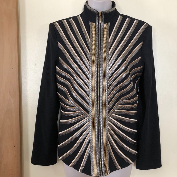 STERA zippered lined jacket w/faux leather design - Picture 1 of 8